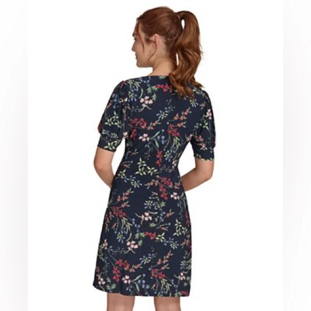 Tommy Hilfiger A-Line Dress 10 NWT Navy Blue Dark Floral Stretch Puff Sleeve - Picture 2 of 9